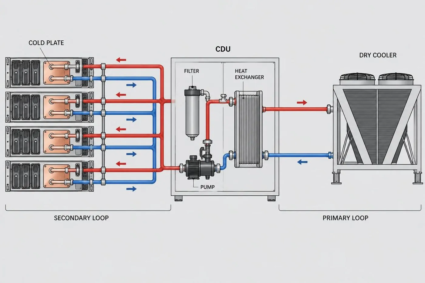 Liquid cooling schematic: cold plates, secondary loop, CDU heat exchanger, and dry cooler