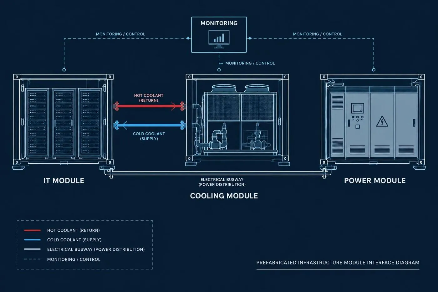 Interface diagram between the IT module, cooling module, and power module