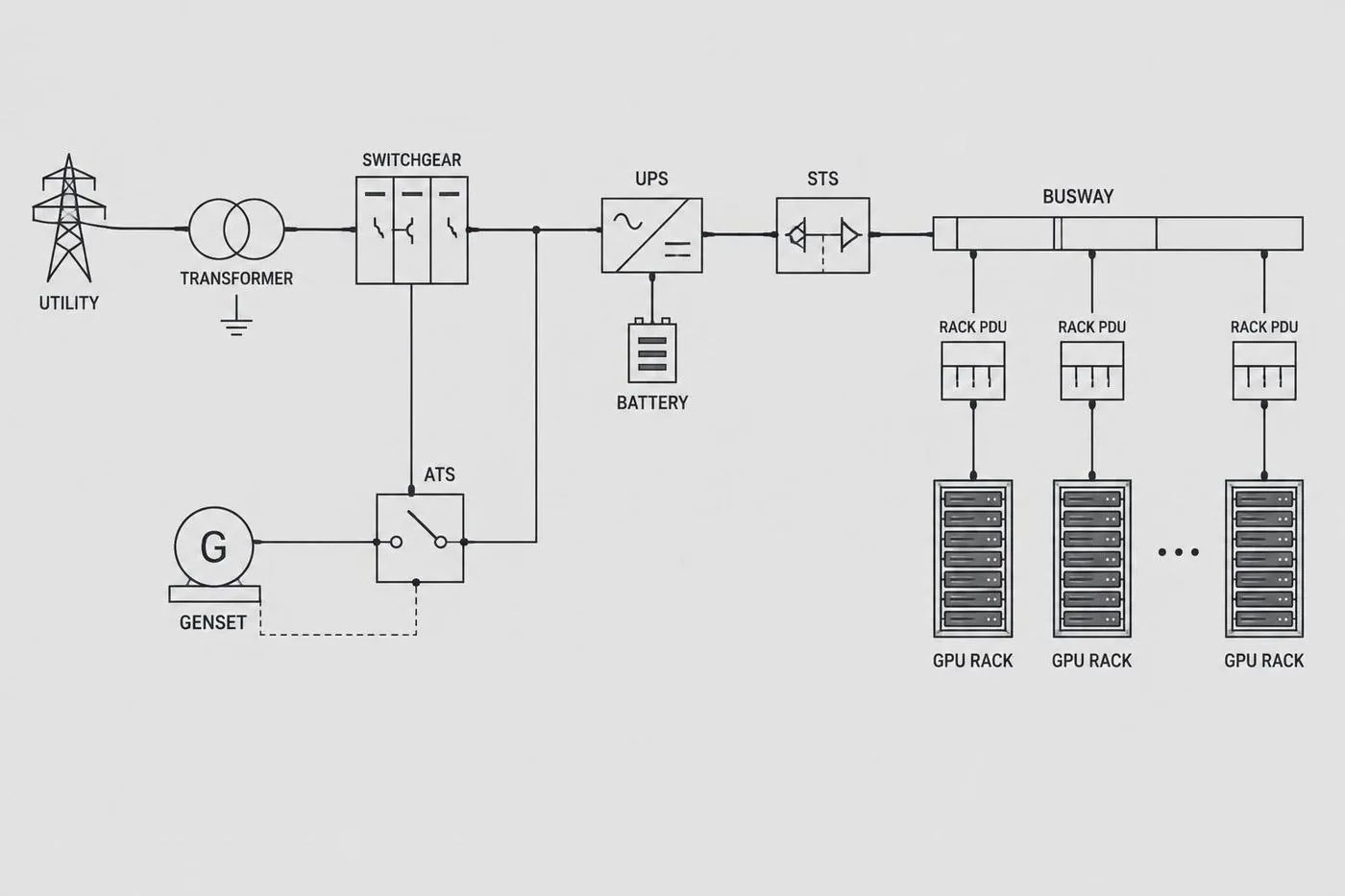 Single-line power diagram: utility, transformer, switchgear, UPS, ATS, busway, and rack PDU