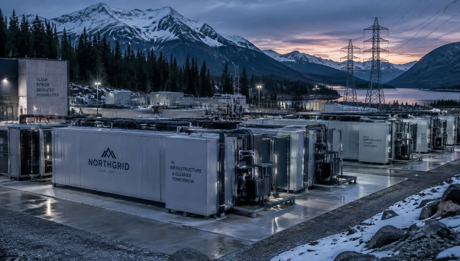 Prefabricated liquid-cooled AI compute modules on a Canadian site with mountains and transmission lines