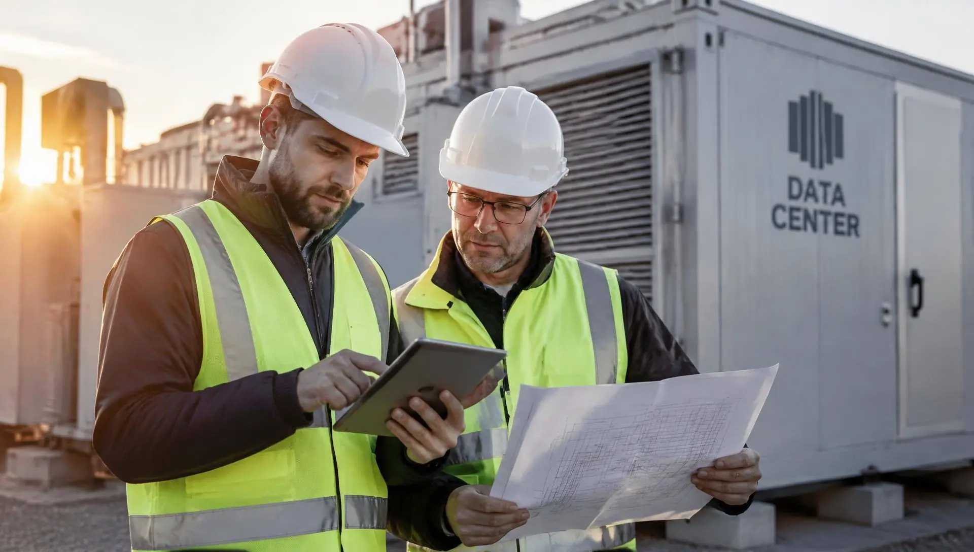 Engineers reviewing drawings in front of a modular data centre