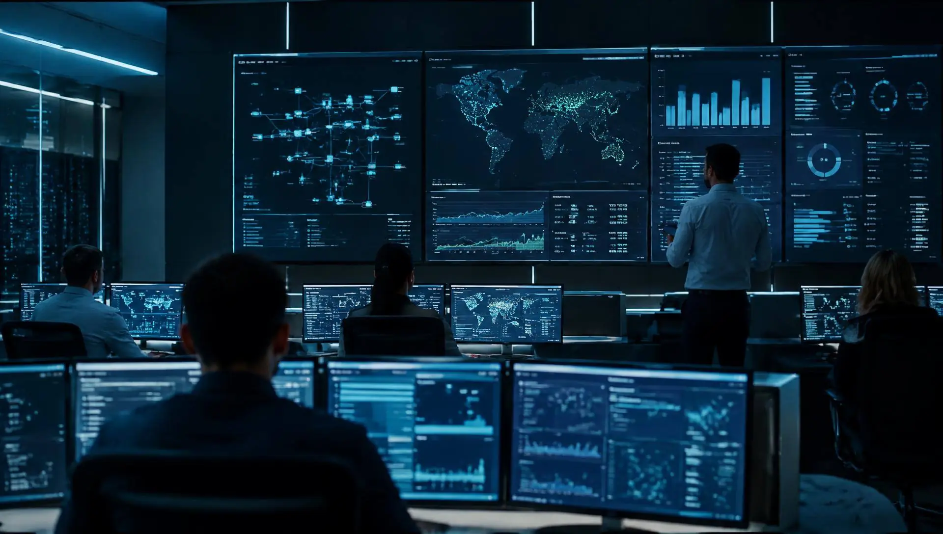 Photo of a compute operations center monitoring wall