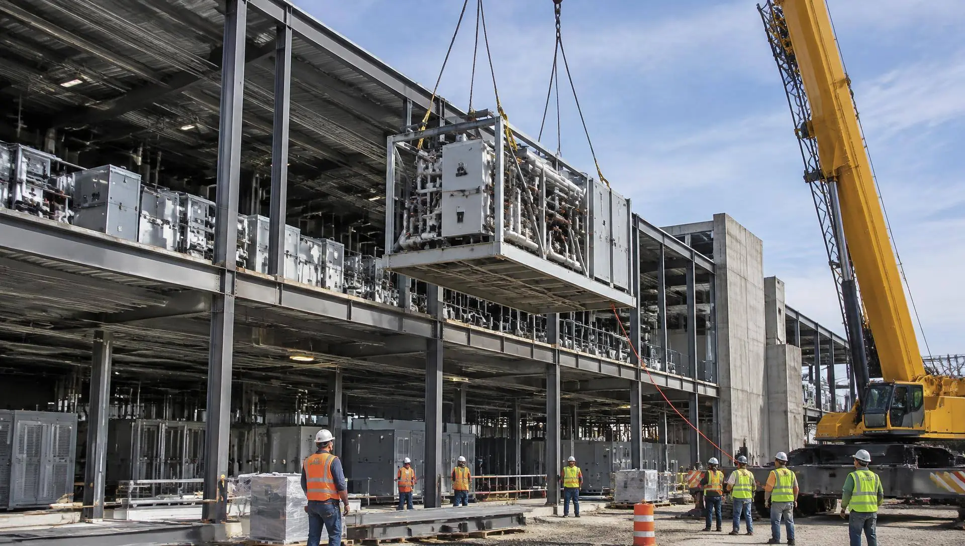 Photo of prefabricated M&E skids being craned into a data center building on a construction site