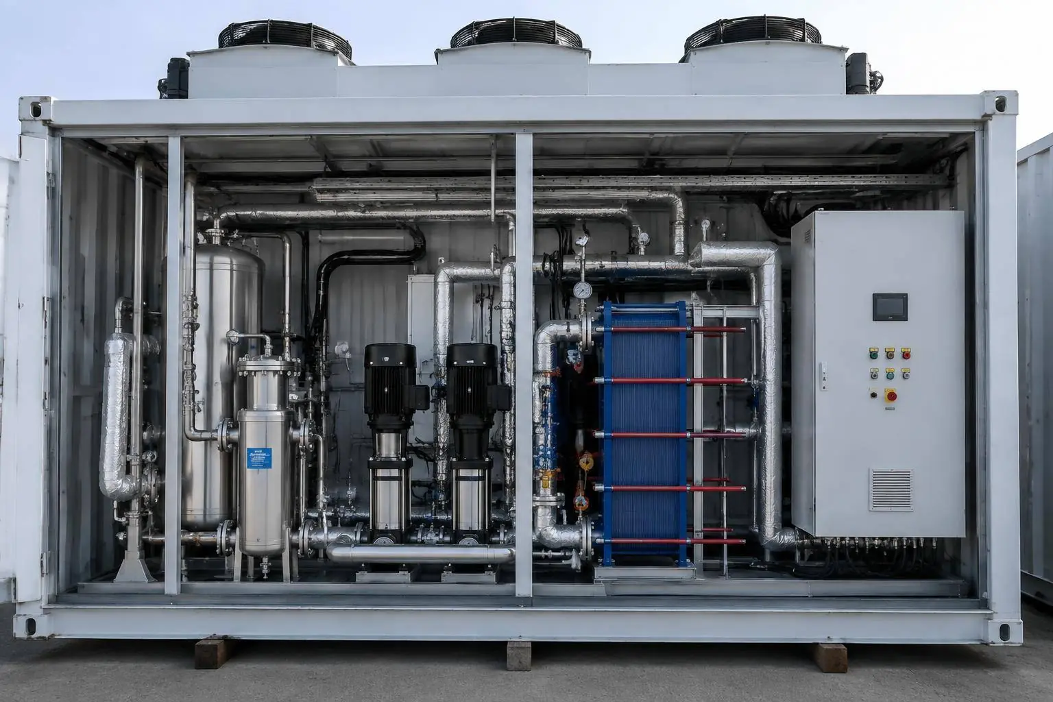 On-site photo of pump sets, heat exchanger and piping inside a prefabricated cooling module