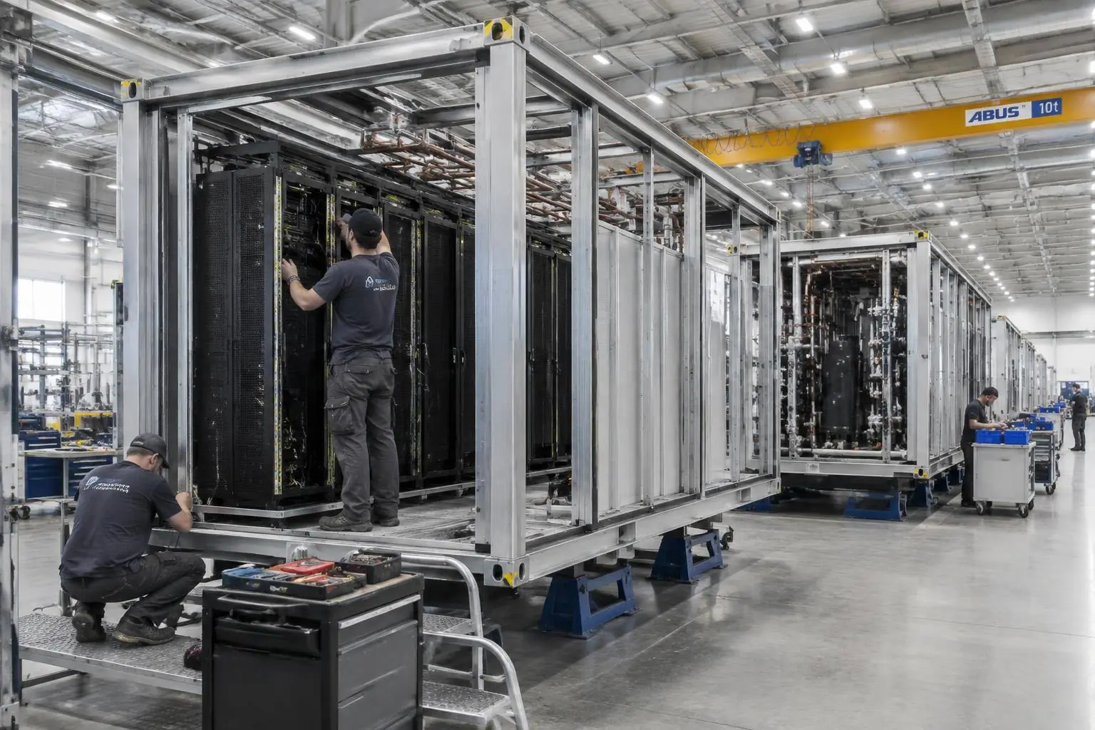 Photo of parallel assembly of modular data center units inside the factory
