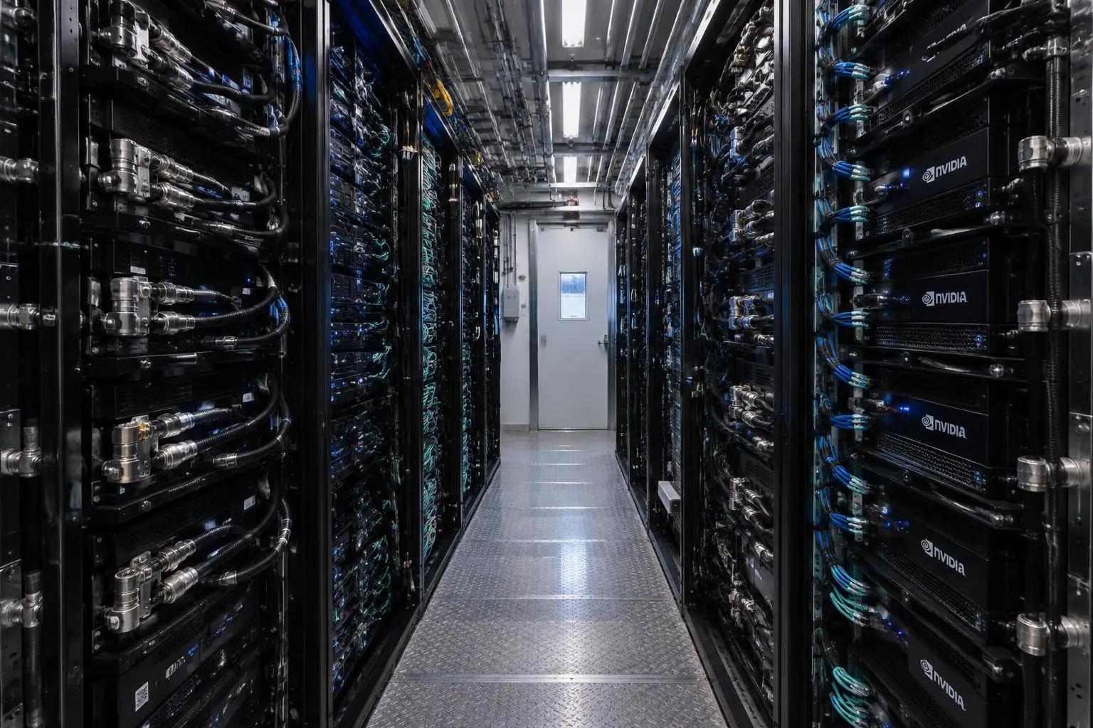 Photo of GPU racks with power distribution and cabling inside a module